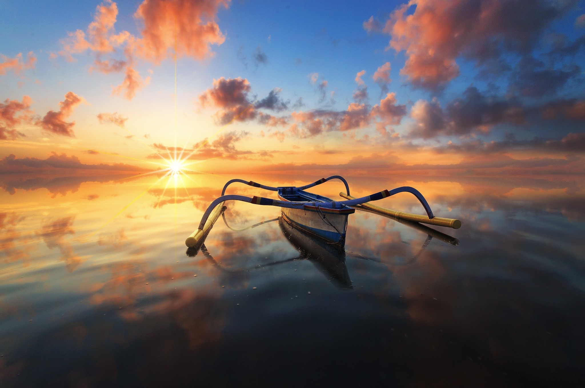 photography, Boat, Reflection, Sea, Alone, Clouds, Horizon, Sky Wallpaper