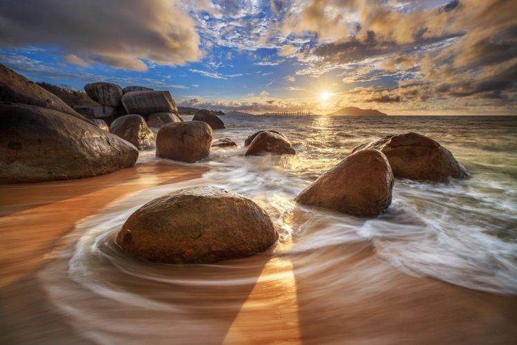 photography, Rocks, Beach, Long exposure, Sea, Clouds HD Wallpaper Desktop Background