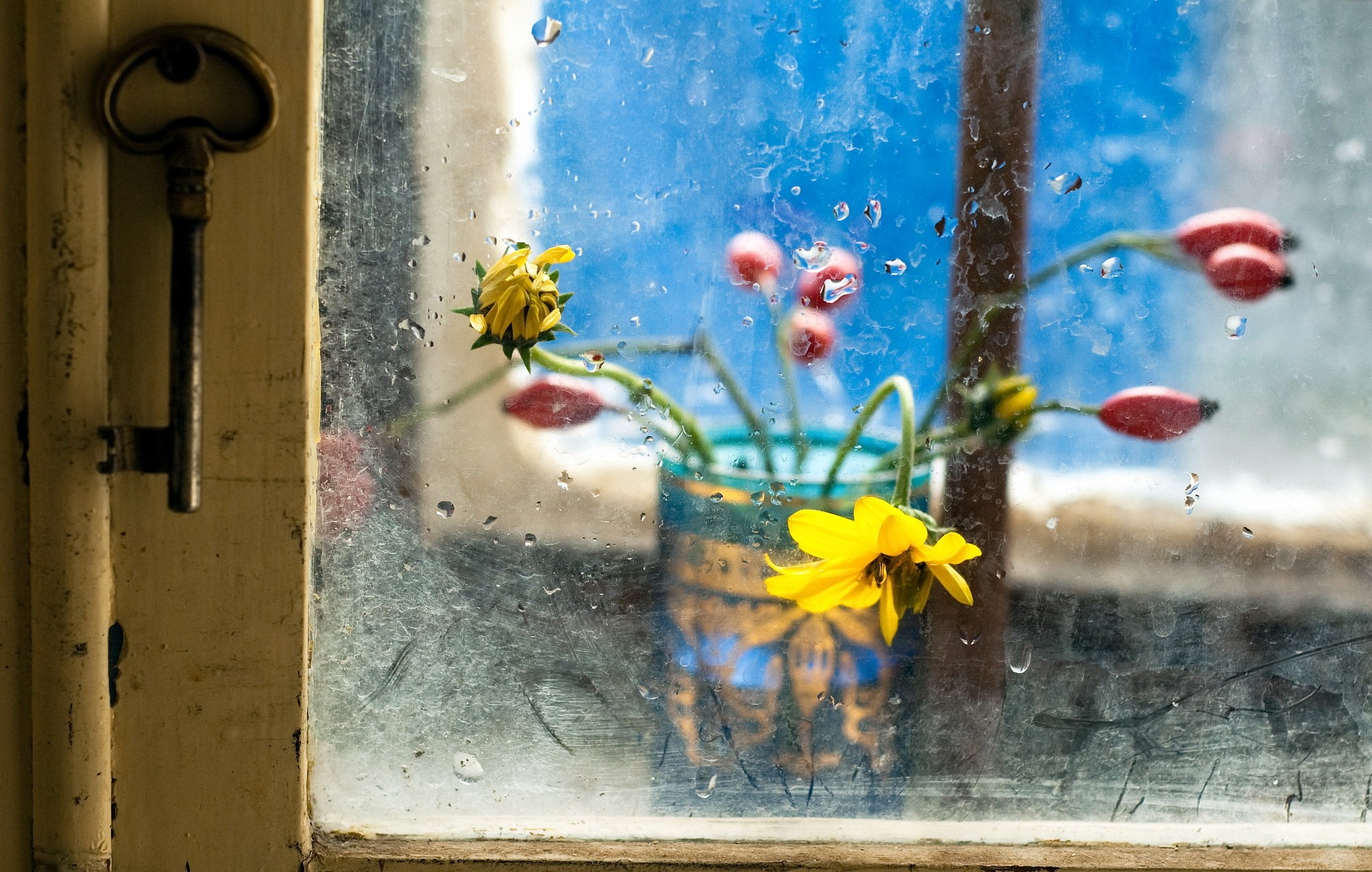 window, Flowers, Yellow flowers, Red flowers Wallpaper