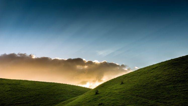 nature, Landscape, Clouds, Hills, Grass, Sun rays, Fence, Simple, Calm HD Wallpaper Desktop Background