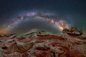 nature, Landscape, Milky Way, Night, Stars, Clear sky, Rock, Cliff, Arizona, USA, Long exposure, Space