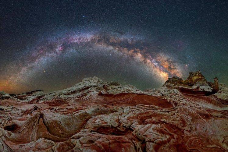 nature, Landscape, Milky Way, Night, Stars, Clear sky, Rock, Cliff, Arizona, USA, Long exposure, Space HD Wallpaper Desktop Background