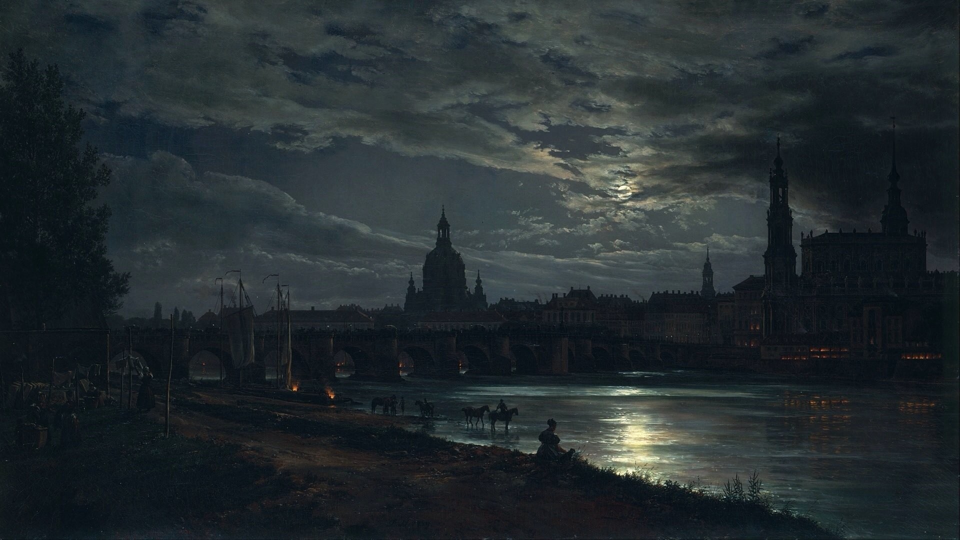 J. C. Dahl, Women, Artwork, Classic art, Painting, Dresden, Germany, Cityscape, City, Night, River, Bridge, Moon, Cathedral, Reflection, Moonlight, Lights, Clouds, Trees, Horse, Ship Wallpaper