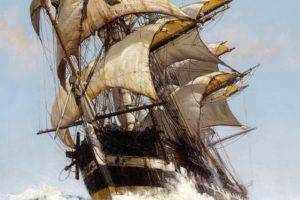 sailor, Montague Dawson, Artwork, Classic art, Painting, Sailing ship, Portrait display, Clouds, Sea, Waves