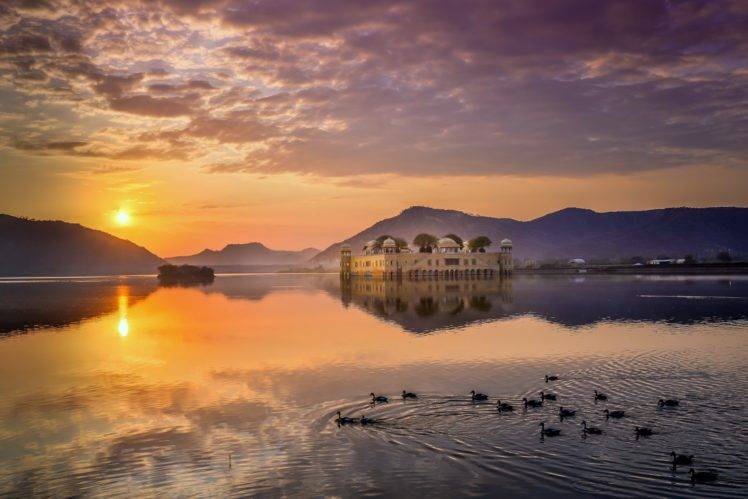 photography, Landscape, Nature, India, Duck, Castle, Sun, Lake, Reflection, Clouds HD Wallpaper Desktop Background