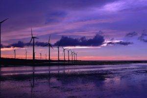 purple sky, Landscape, Wind turbine, Beach