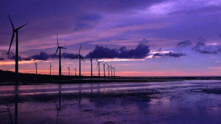 purple sky, Landscape, Wind turbine, Beach HD Wallpaper Desktop Background