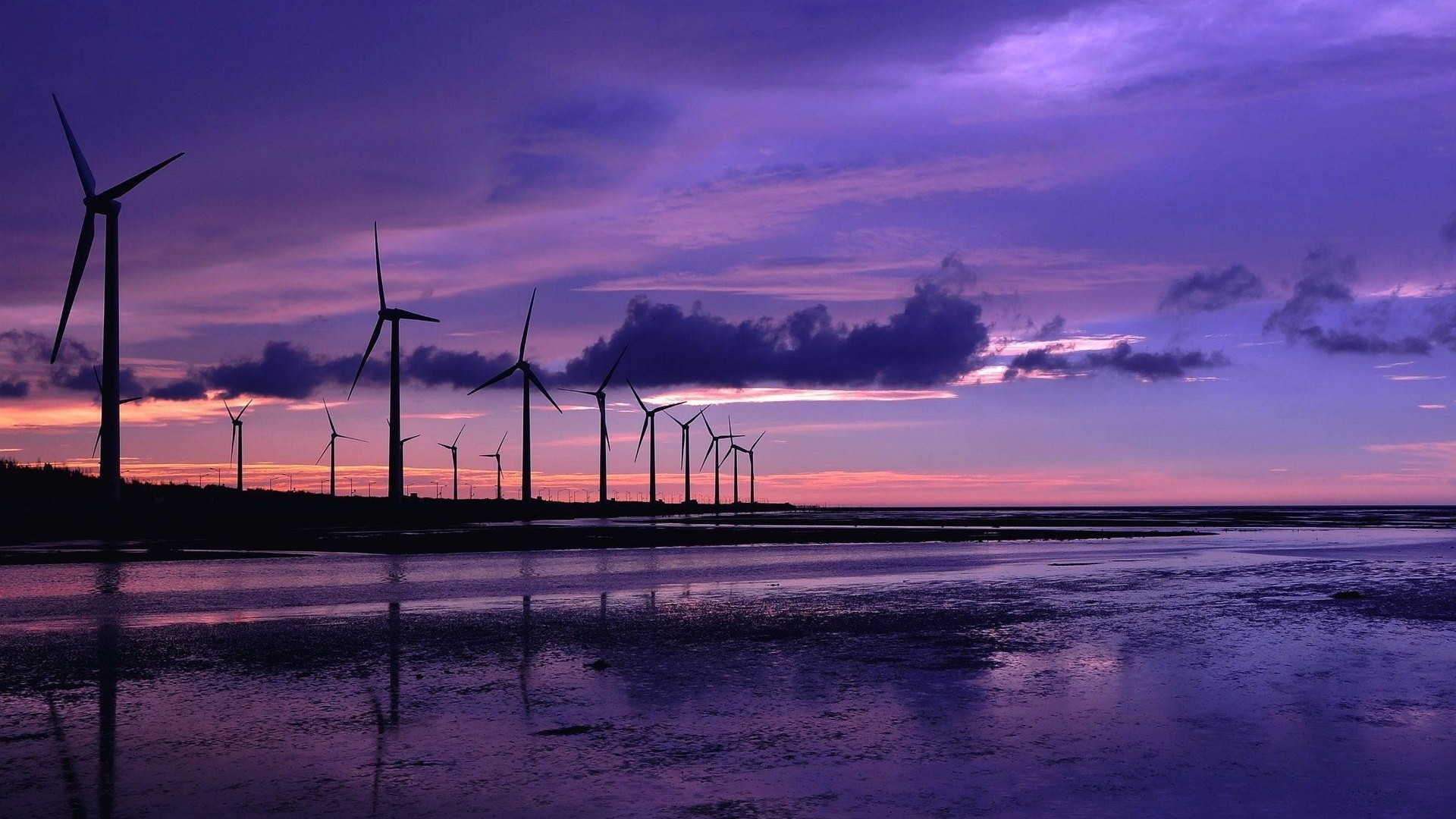purple sky, Landscape, Wind turbine, Beach Wallpaper