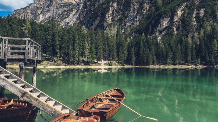 nature, Water, Boat, Trees, Mountains HD Wallpaper Desktop Background