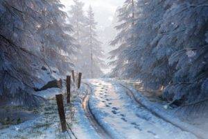 winter, Road, Trees, Snow