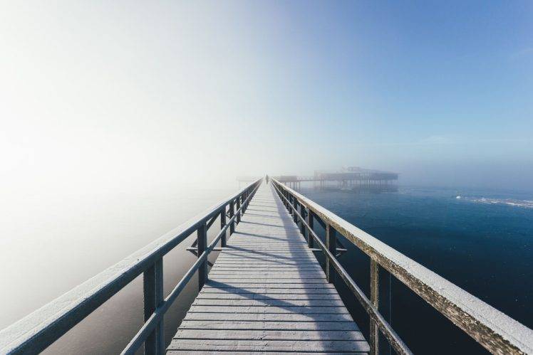landscape, Bridge, Wooden surface, Sea, Mist HD Wallpaper Desktop Background