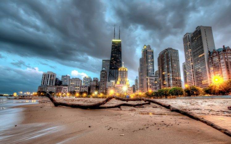 Chicago, City, Night, Lights, HDR, Long exposure, Beach HD Wallpaper Desktop Background