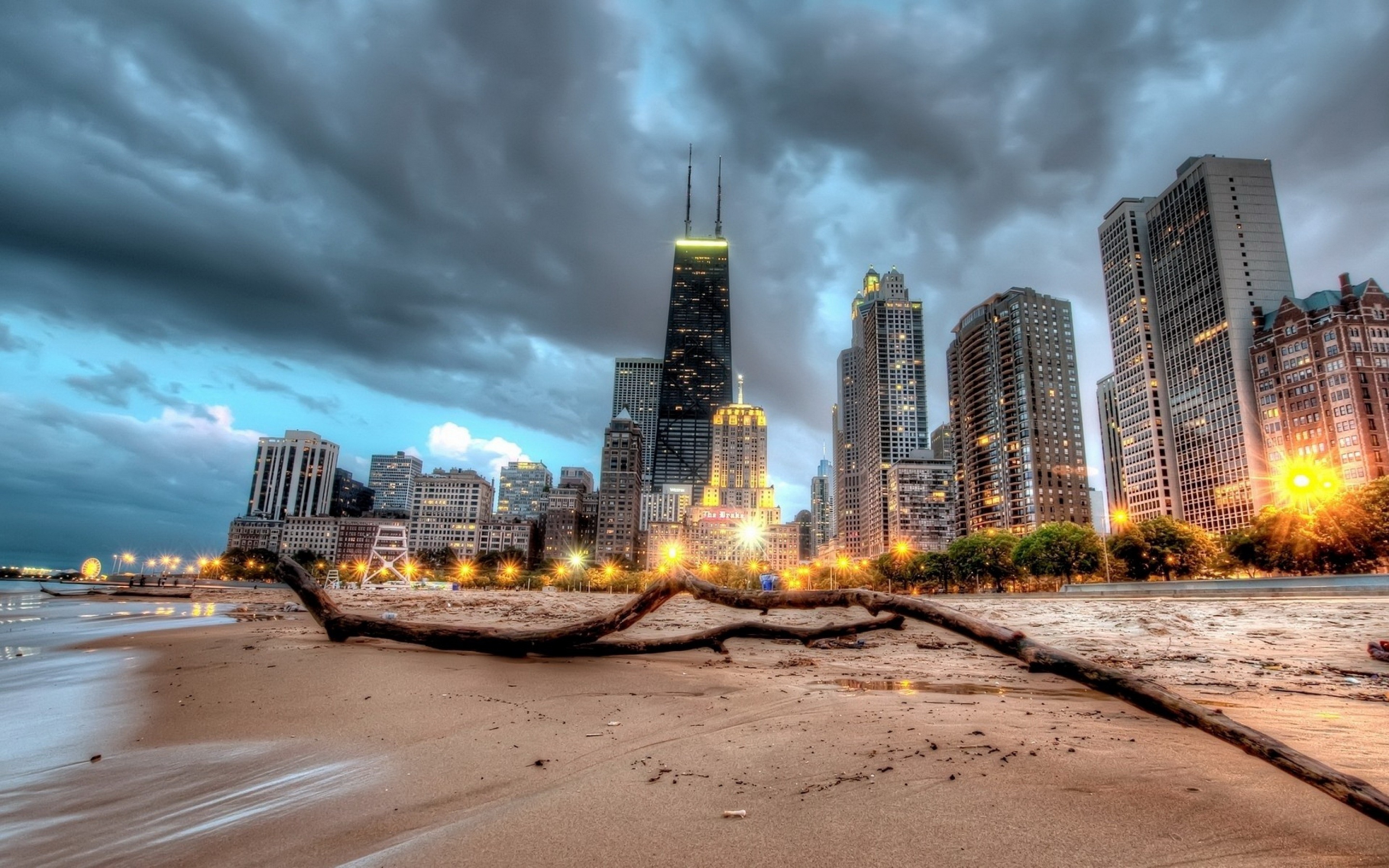 Chicago, City, Night, Lights, HDR, Long exposure, Beach Wallpaper