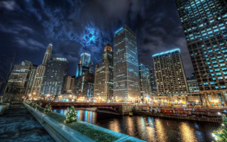 Chicago, City, Night, Lights, HDR, Building, River, Clouds HD Wallpaper Desktop Background