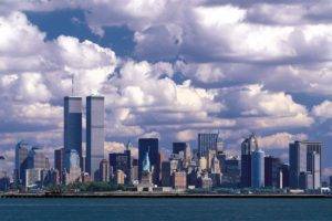 architecture, Building, City, Cityscape, Clouds, Modern, New York City, USA, Manhattan, Twin Towers, World Trade Center, Sea, Statue of Liberty, Island, Skyscraper, Never Forget