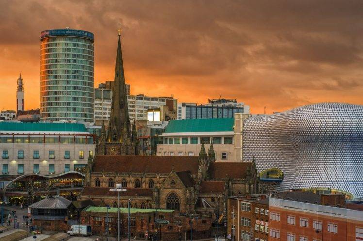 architecture, Building, City, Cityscape, Clouds, Modern, Birmingham, England, UK, Church, Sunset HD Wallpaper Desktop Background
