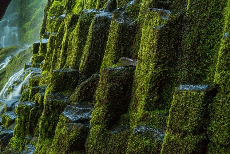 nature, Landscape, Rock, Rock formation, Moss, Waterfall, Long exposure, Oregon, USA, National park HD Wallpaper Desktop Background