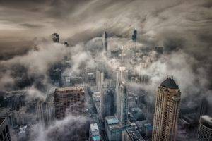 Chicago, City, Mist, Clouds, Depth of field, Building, Cityscape