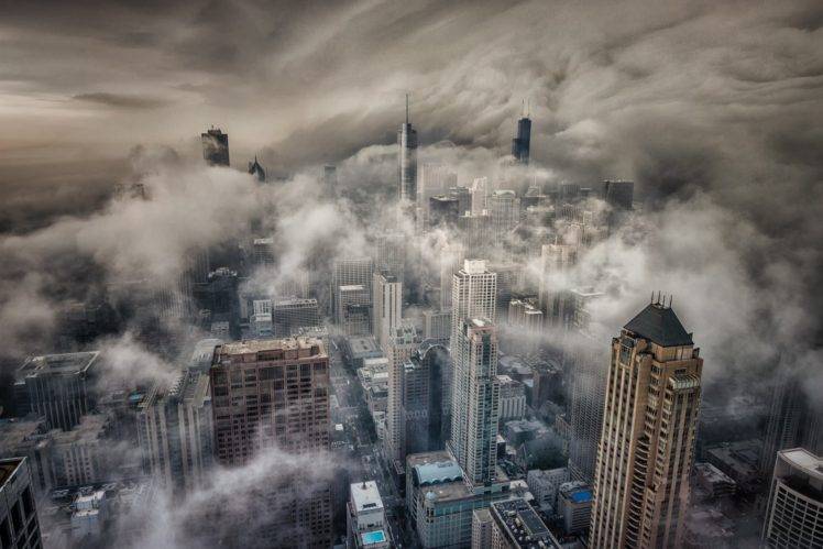 Chicago, City, Mist, Clouds, Depth of field, Building, Cityscape HD Wallpaper Desktop Background