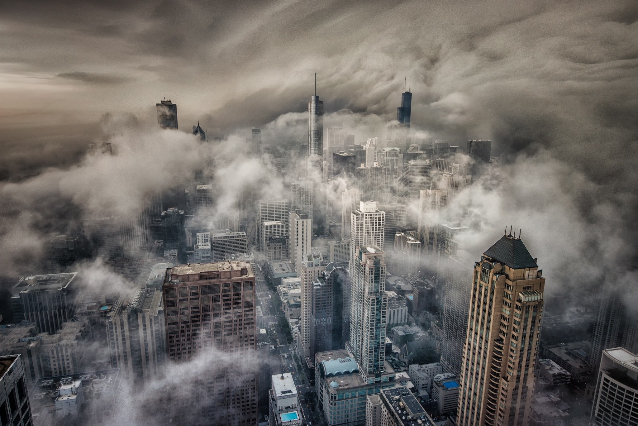 Chicago, City, Mist, Clouds, Depth of field, Building, Cityscape Wallpaper