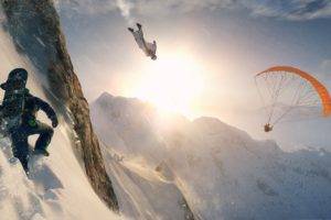 skydiver, Men, Video games, Steep, Mountains, Snow, Sun, Parachutes, Skydiving, Snowboards, Clouds, Wingsuit, Ubisoft, Flying, Paragliding