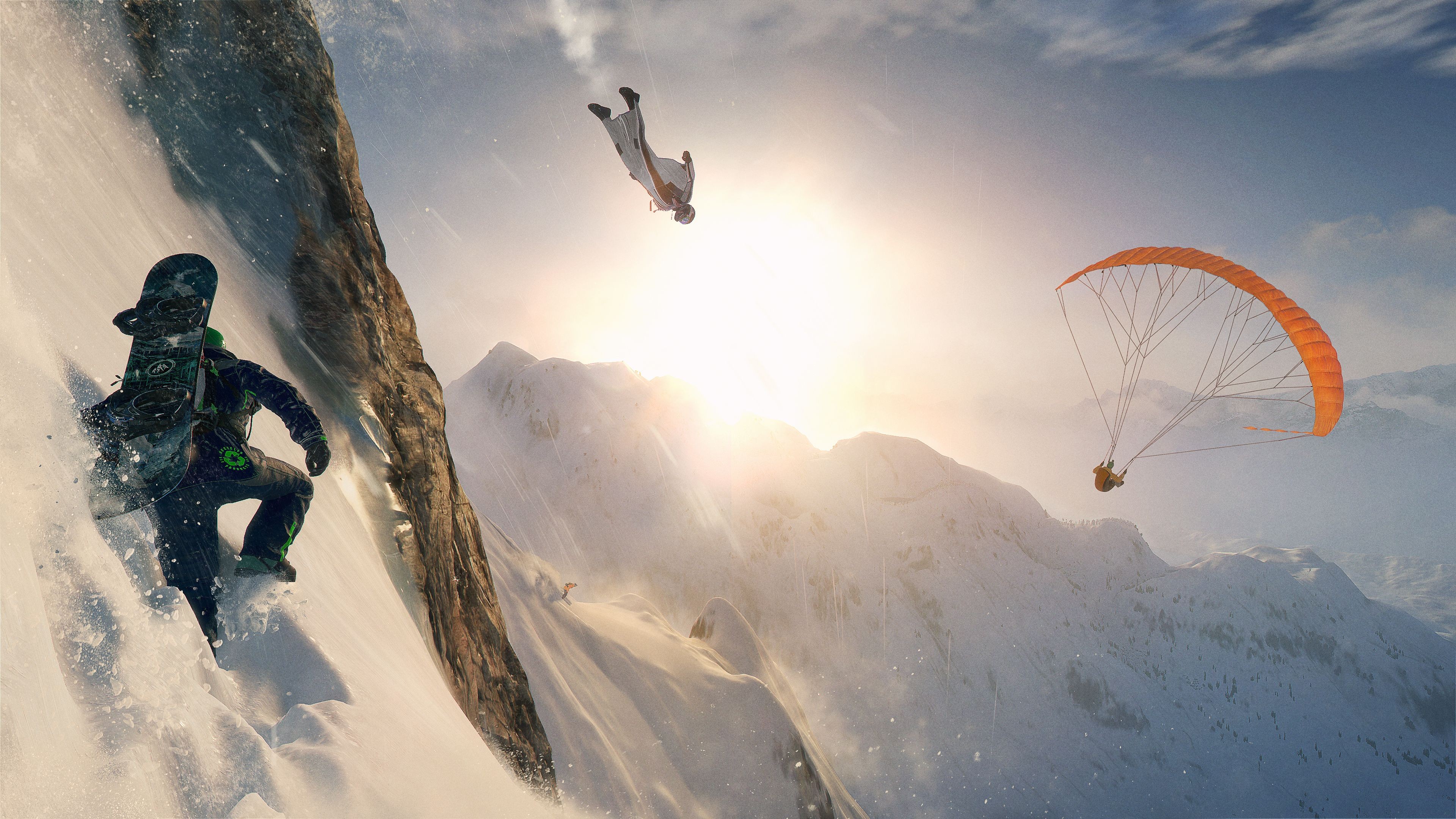 skydiver, Men, Video games, Steep, Mountains, Snow, Sun, Parachutes, Skydiving, Snowboards, Clouds, Wingsuit, Ubisoft, Flying, Paragliding Wallpaper