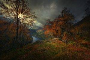 nature, Landscape, Photography, Geiranger, Fjord, Fall, Sun rays, Canyon, Dark, Clouds, Trees, Shrubs, Sunlight, Norway