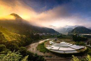 nature, Landscape, Photography, River, Sunlight, Morning, Mountains, Forest, Mist, Rice paddy, Bridge, Town