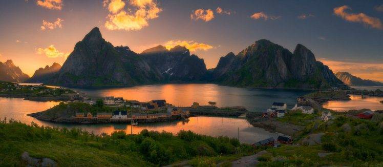 nature, Landscape, Photography, Mountains, Village, Island, Summer, Morning, Sunlight, Lofoten, Norway HD Wallpaper Desktop Background