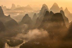 nature, Landscape, Photography, Mountains, River, Mist, Morning, Village, China