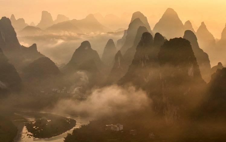 nature, Landscape, Photography, Mountains, River, Mist, Morning, Village, China HD Wallpaper Desktop Background