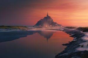 nature, Photography, Landscape, Sunset, Mont Saint Michel, France, Reflection