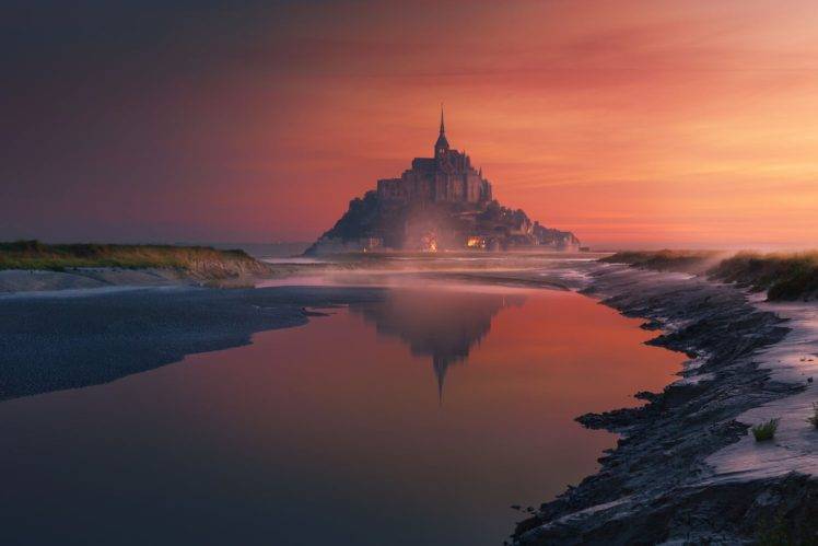 nature, Photography, Landscape, Sunset, Mont Saint Michel, France, Reflection HD Wallpaper Desktop Background