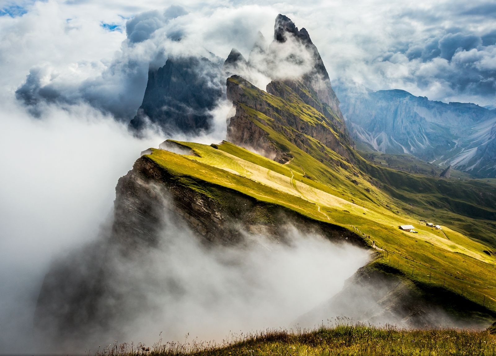 nature, Photography, Landscape, Mountains, Clouds, Grass, Cabin, Summit, Alps, Seiser Alm Wallpaper