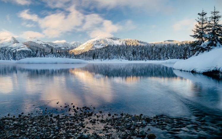 landscape, Photography, Nature, Lake, Mountains, Forest, Morning, Sunlight, Snow, Winter, Reflection, Washington state HD Wallpaper Desktop Background