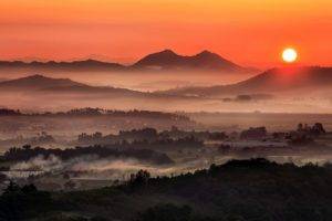 landscape, Photography, Nature, Morning, Mist, Mountains, Valley, Red, Sky, Sunlight, Town, South Korea