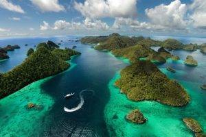 photography, Landscape, Nature, Aerial view, Island, Tropical, Sea, Clouds, Boat, Tropical forest, Raja Ampat, Indonesia