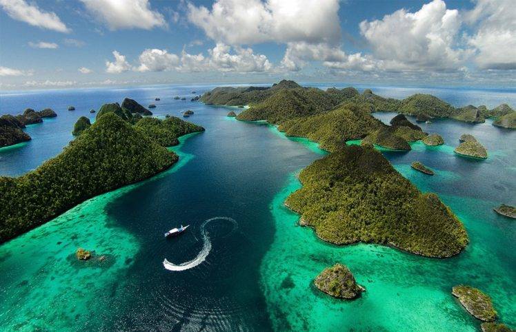 photography, Landscape, Nature, Aerial view, Island, Tropical, Sea, Clouds, Boat, Tropical forest, Raja Ampat, Indonesia HD Wallpaper Desktop Background