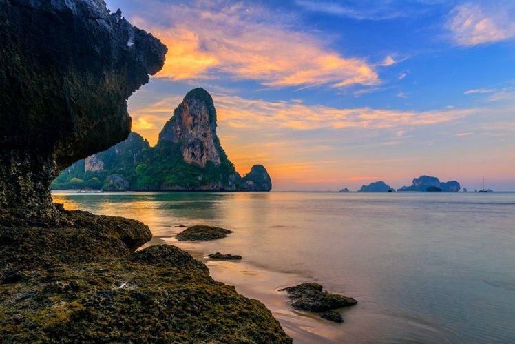 photography, Landscape, Nature, Tropical, Beach, Island, Sea, Sunset, Rocks, Thailand HD Wallpaper Desktop Background