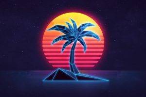 1980s, Palm trees, Sun, Stars, Island, Sea, Reflection