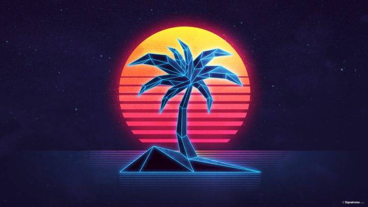 1980s, Palm trees, Sun, Stars, Island, Sea, Reflection HD Wallpaper Desktop Background
