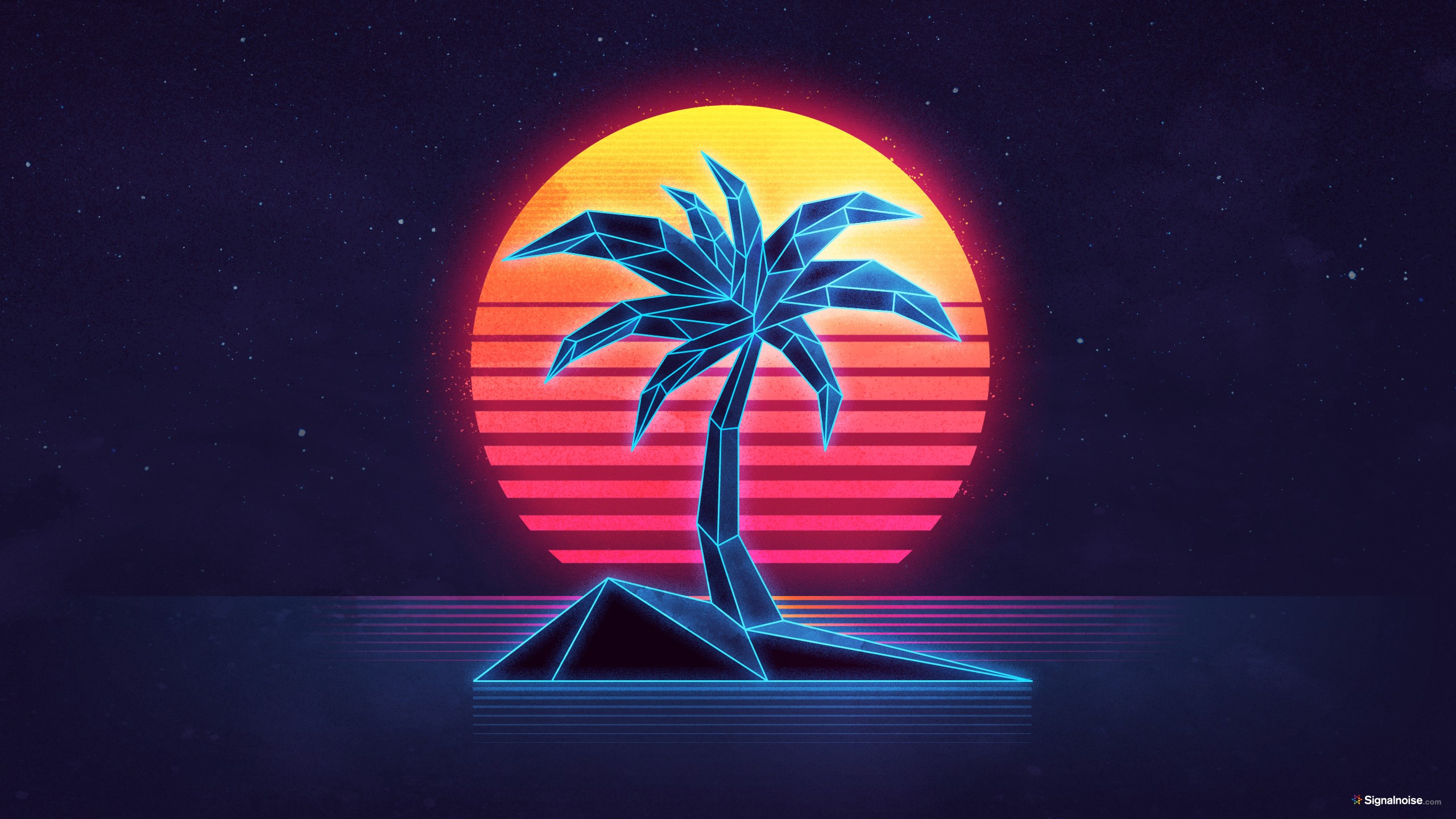 1980s, Palm trees, Sun, Stars, Island, Sea, Reflection Wallpaper