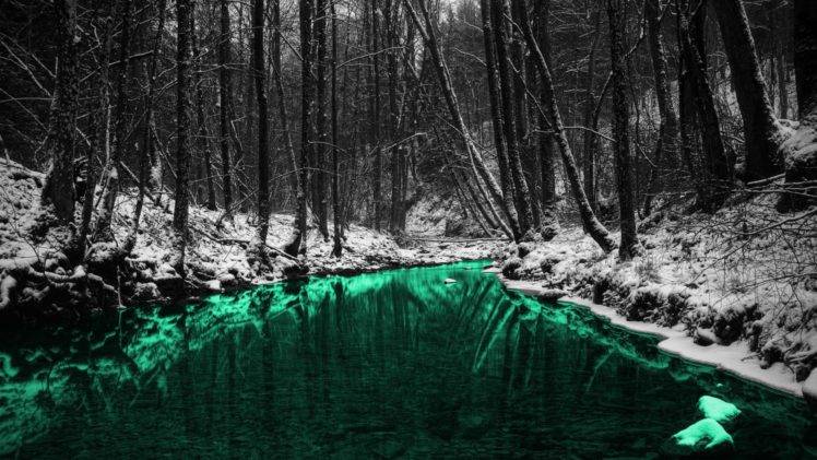 nature, Forest, Trees, Reflection, River, Selective coloring, Water, Snow, Ice HD Wallpaper Desktop Background