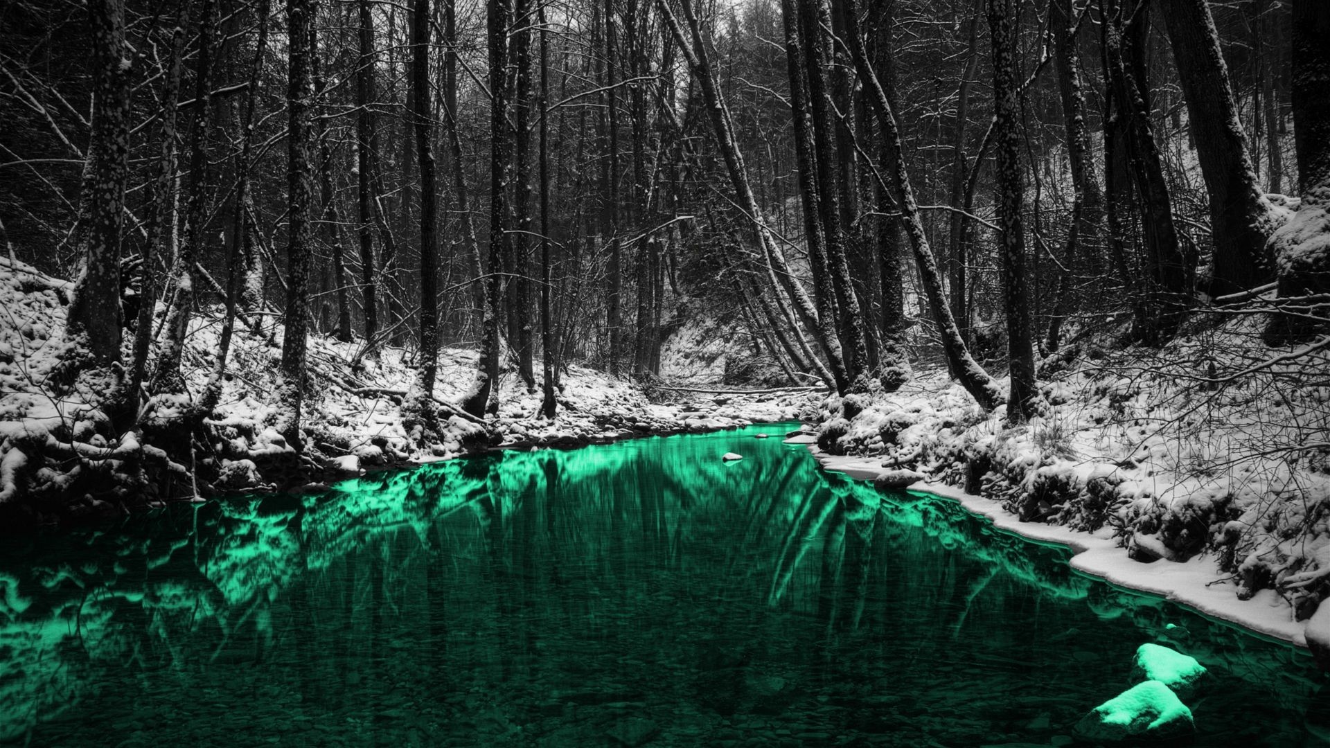 nature, Forest, Trees, Reflection, River, Selective coloring, Water, Snow, Ice Wallpaper