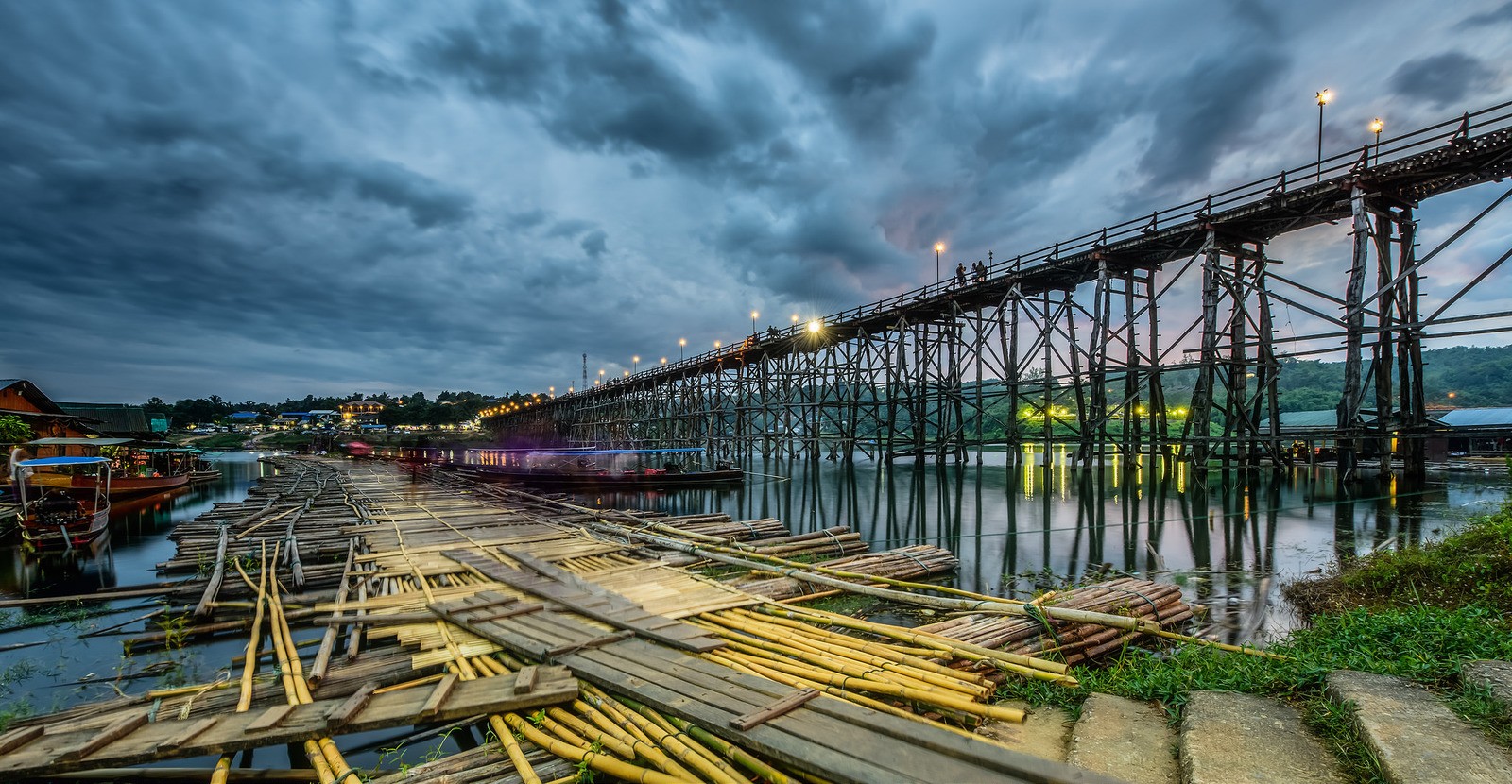 bridge, Thailand, HDR, Clouds, Boat, Reflection, Grass Wallpaper