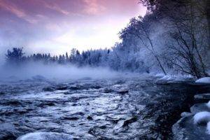 winter, Mist, River, Trees