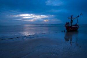 nature, Landscape, Water, Evening, Sea, Boat, Ship, Clouds, Reflection, Blue