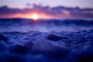 nature, Landscape, Water, Sunset, Bubbles, Sea, Clouds, Depth of field, Waves