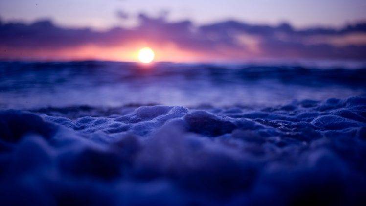 nature, Landscape, Water, Sunset, Bubbles, Sea, Clouds, Depth of field, Waves HD Wallpaper Desktop Background