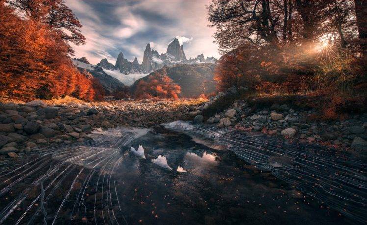 nature, Landscape, Water, Patagonia, Chile, Mountains, Trees, Forest, Fall, Clouds, Sun rays, Lake, Stones, Leaves, Ice, Frozen lake HD Wallpaper Desktop Background